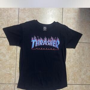 Thrasher Magazine Flame Logo Black T Shirt Skater Streetwear Top